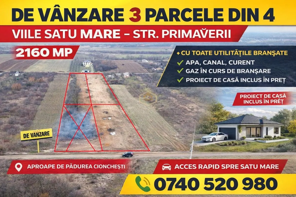 Trei parcele cu proiect de casa + utilitati | Viile Satu Mare - foto 1